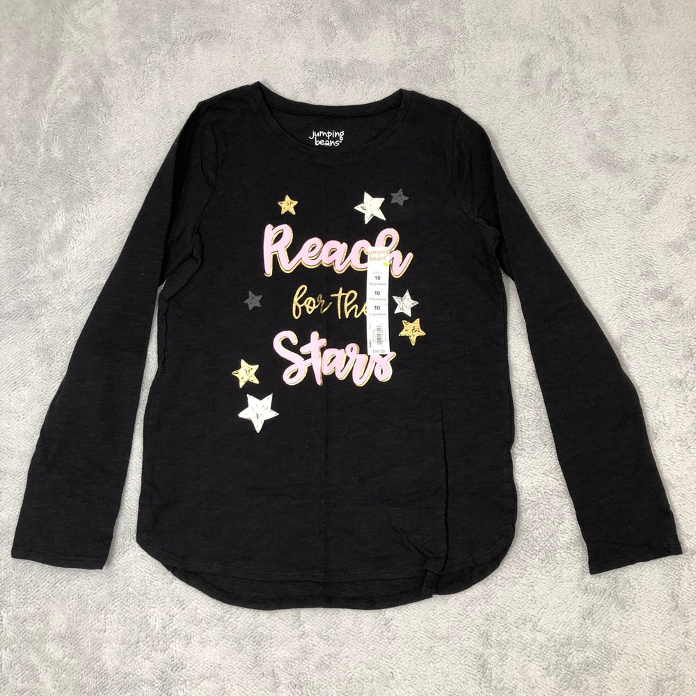 Jumping Beans Shirt Girls 10‎ Black White Gold Long Sleeve Reach for the Stars
